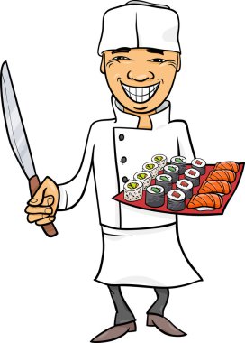 Japonya sushi chef karikatür çizimi