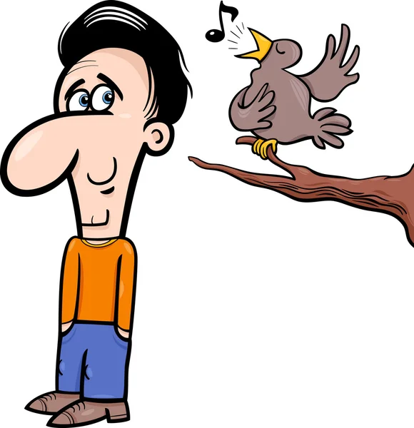 Man and bird cartoon illustration — Stock Vector