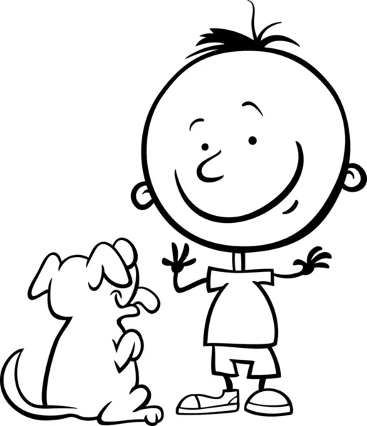 Niño con perro de dibujos animados para colorear página — Vector de stock