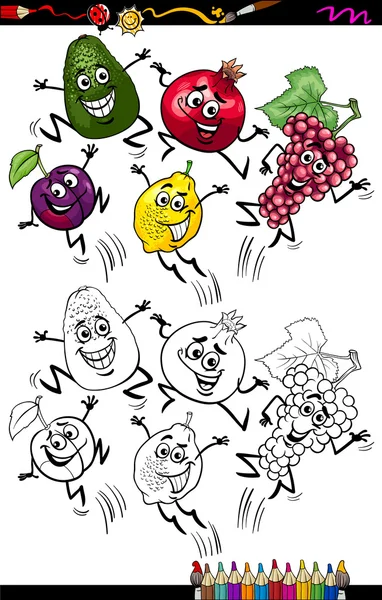 Divertido frutas dibujos animados para colorear página — Archivo Imágenes Vectoriales