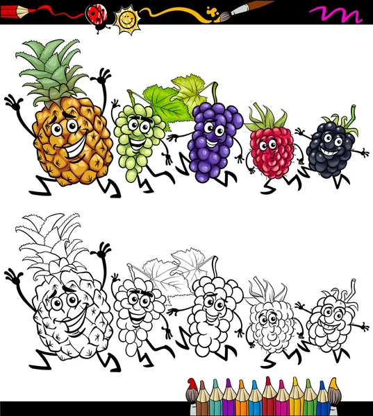 Correndo frutas desenhos animados colorir página — Vetor de Stock