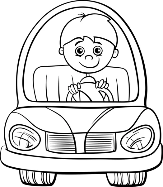 Boy in car cartoon coloring page — Stock Vector