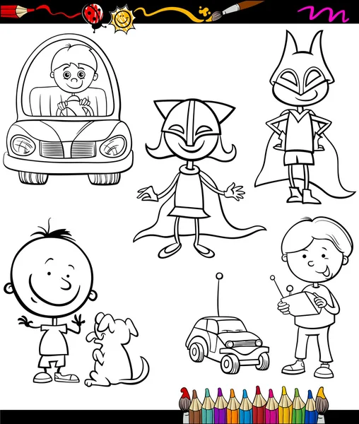 Niños conjunto de dibujos animados para colorear página — Vector de stock