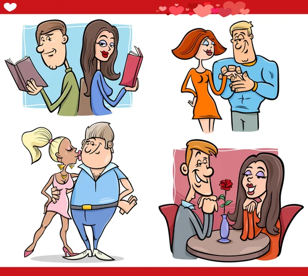 Valentin szerelem rajzfilm sor párok — Stock Vector