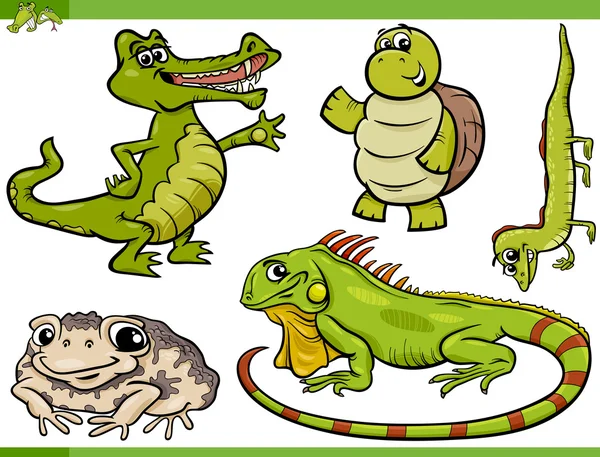 Reptielen en amfibieën cartoon set — Stockvector