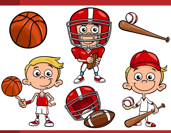 Jongen met sport apparatuur cartoon instellen — Stockvector