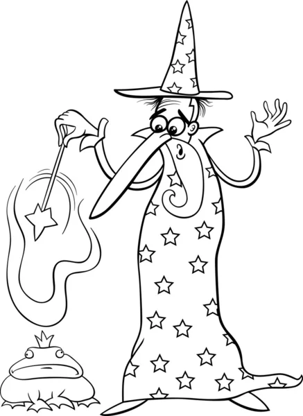 Magicien fantaisie dessin animé coloriage page — Image vectorielle