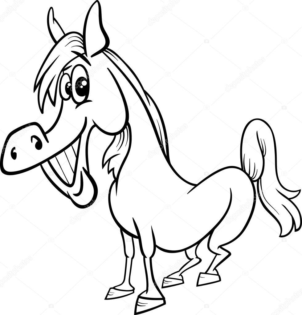Illustrazione fumetto bianco e nero di animale da fattoria divertente cavallo per libro da colorare — Vettoriali di izakowski Trova immagini simili