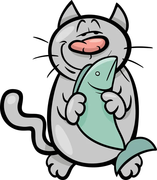 Gelukkig kat met vis cartoon — Stockvector
