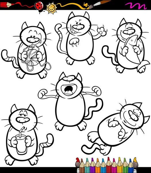 Gatos conjunto de dibujos animados para colorear libro — Vector de stock