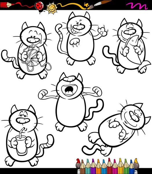 Cats set cartoon coloring book — Stock Vector