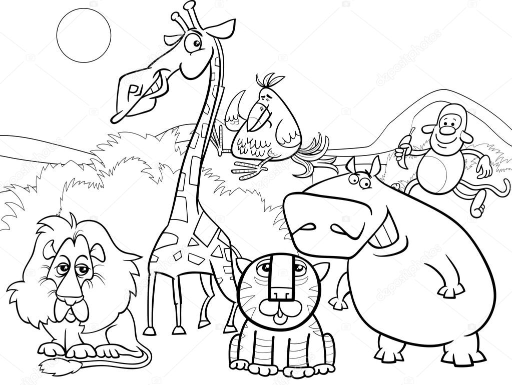 Wild animals group coloring page Stock Vector