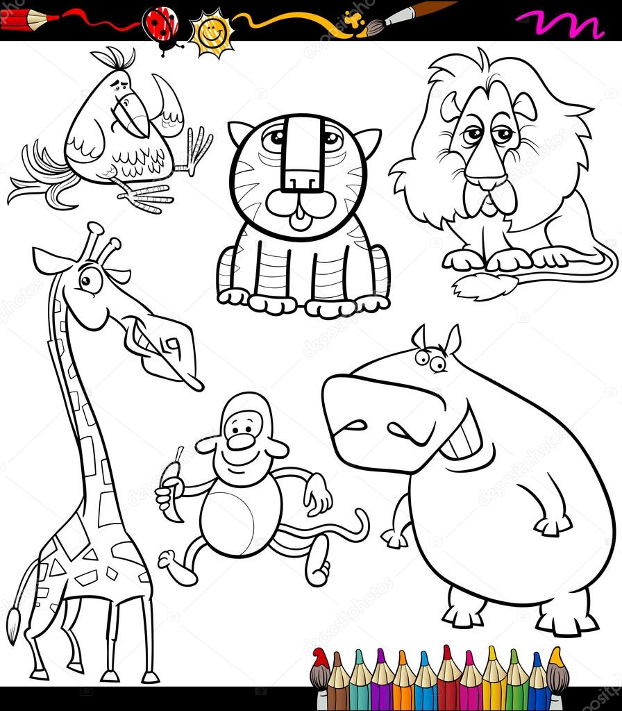 Disegni da colorare libro o pagina del fumetto bianco e nero buffo animali selvatici impostato — Vettoriali di izakowski