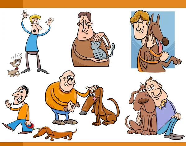 Άνθρωποι με τα κατοικίδια ζώα γελοιογραφία σύνολο — Διανυσματικό Αρχείο