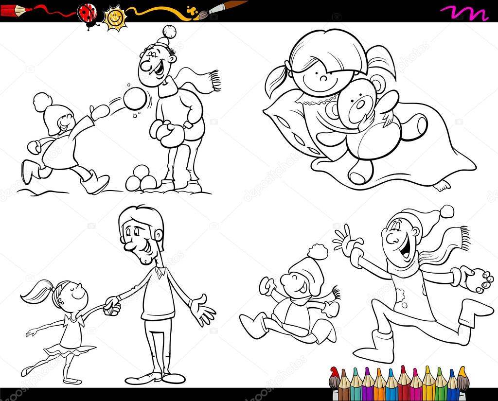 Famille page dessin animé jeu de coloriage — Image vectorielle