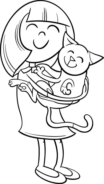 Fille avec chaton coloriage — Image vectorielle