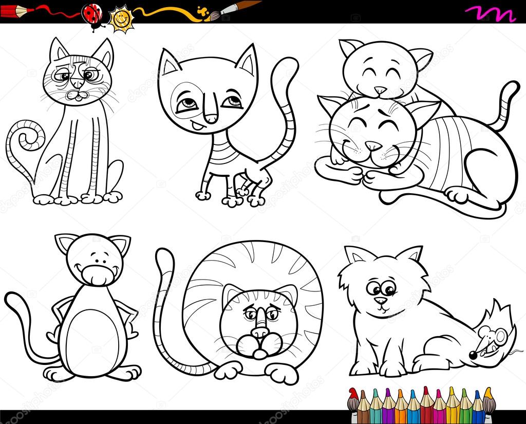 persone con animali da colorare pagina — Vettoriali Stock Disegni da colorare libro fumetto illustrazione del Set di caratteri di gatti divertenti — Vettoriali di izakowski