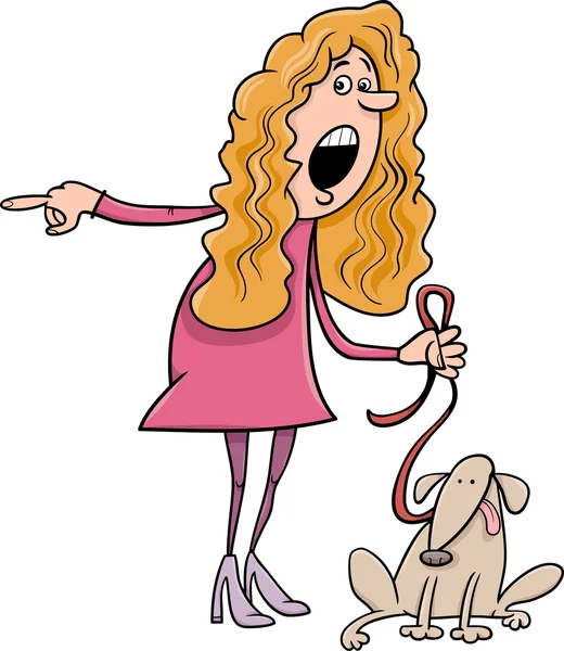 Frau mit Hund Cartoon-Illustration — Stockvektor