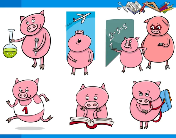 Piglet character student cartoon set — Stock Vector