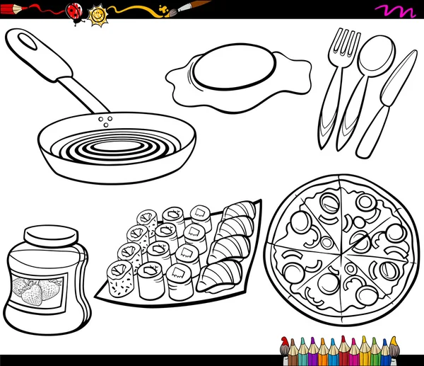 Food objects set coloring page — Stock Vector