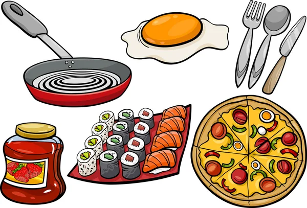Cocina y alimentos objetos conjunto de dibujos animados — Archivo Imágenes Vectoriales