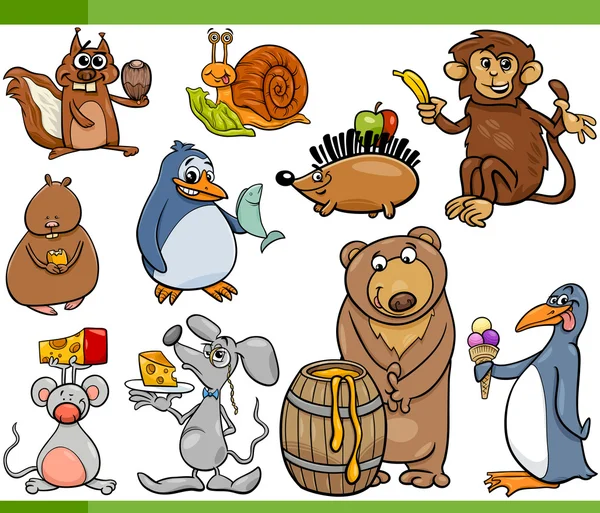 Animales y alimentos conjunto de dibujos animados — Archivo Imágenes Vectoriales