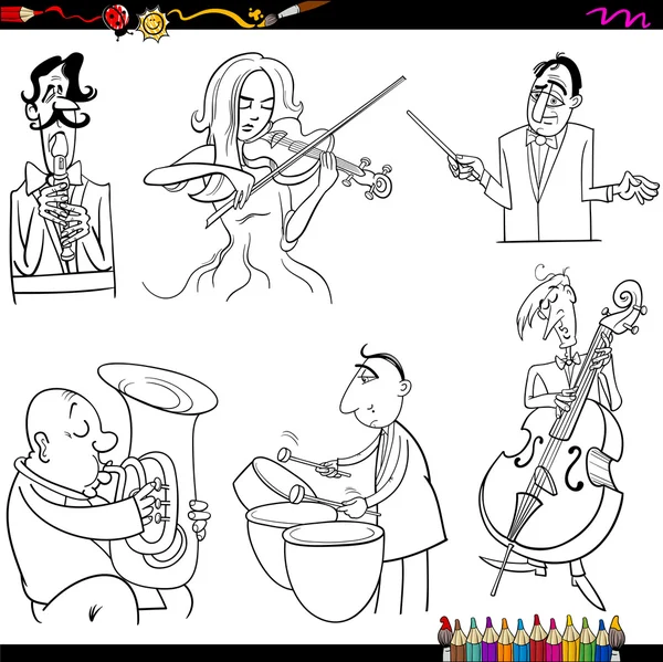 Página para colorear dibujos animados músicos — Archivo Imágenes Vectoriales