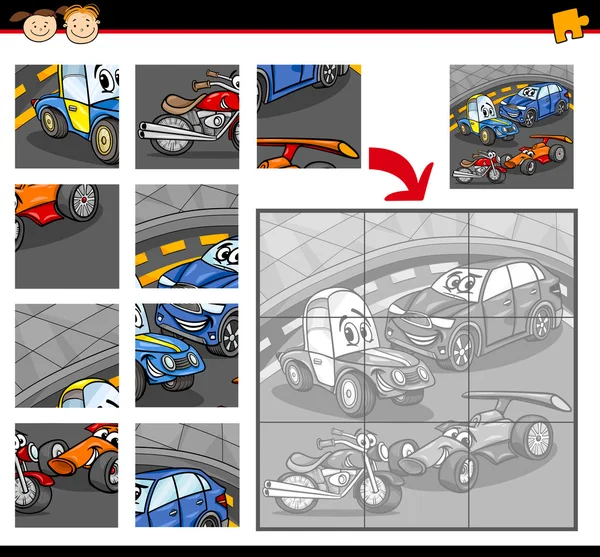 Coches dibujos animados rompecabezas juego — Vector de stock