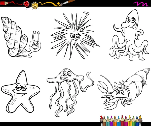 Sea life animals cartoon coloring page — Stock Vector