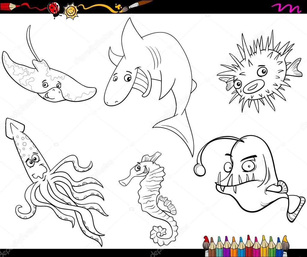 Disegni da colorare libro del fumetto insieme caratteri di animali di vita di mare — Vettoriali di izakowski