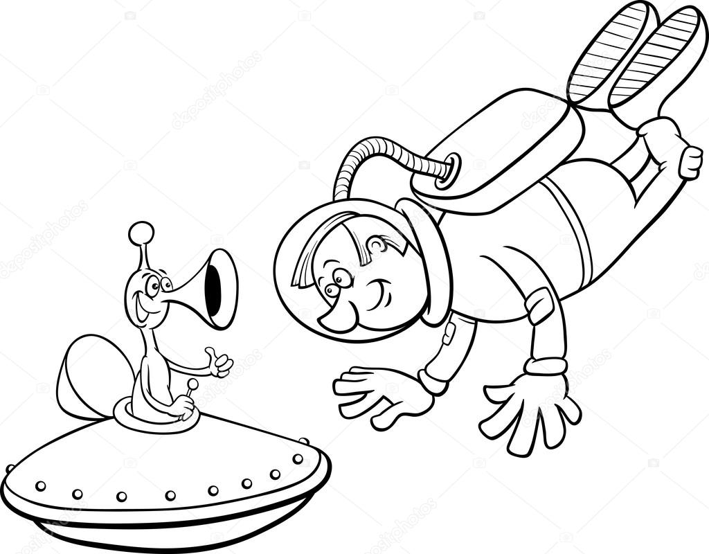 spaceman with alien coloring page