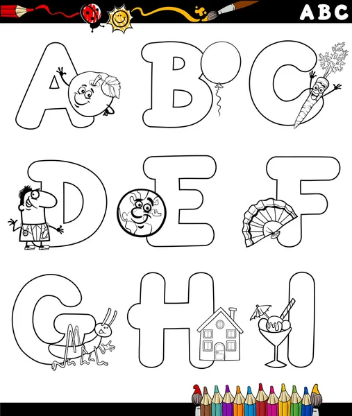 Alphabet de dessin animé pour livre à colorier — Image vectorielle