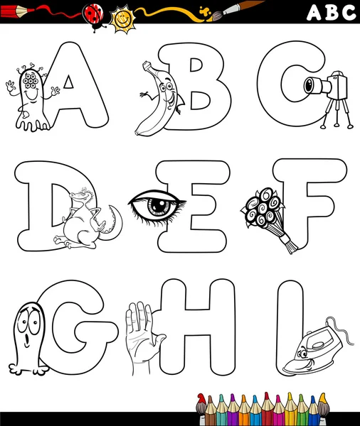 Desenhos animados alfabeto página para colorir —  Vetores de Stock