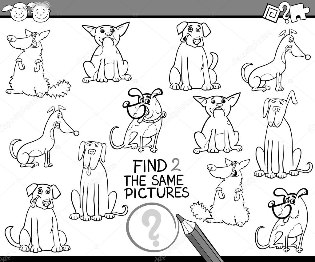 Illustration de dessin animé noir et blanc de trouver les mªmes images jeu éducatif pour les enfants d ¢ge préscolaire avec des chiens   colorier — Vector