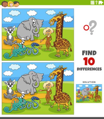Vahşi hayvan karakterleri grubuyla resimlerdeki eğitici bulmacanın farklılıklarını gösteren karikatür çizimi