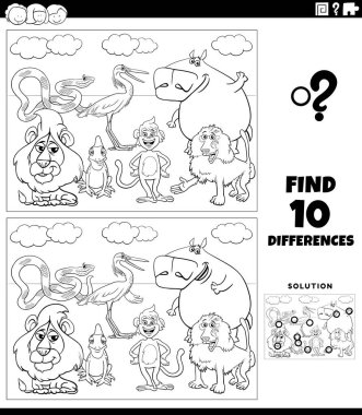 Vahşi hayvan karakterlerinin grup boyama sayfası ile resim eğitimsel çalışma tablosu arasındaki farklılıkları gösteren çizgi film çizimi