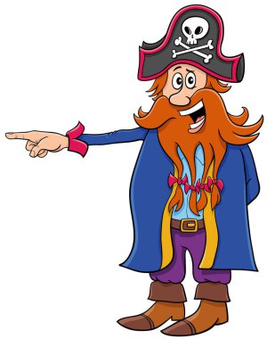 Komik korsan ya da korsan çizgi film çizimi. Kaptan komik karakter bir şey gösteriyor.