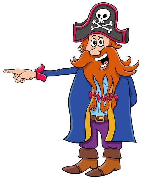 Komik korsan ya da korsan çizgi film çizimi. Kaptan komik karakter bir şey gösteriyor.