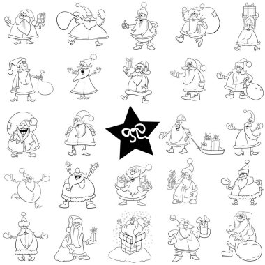 Noel Baba 'nın siyah beyaz karikatürü. Komik Noel karakterleri. Büyük set.