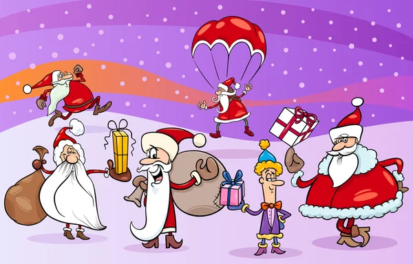 Cartoon group of santa clauses — Stock Vector