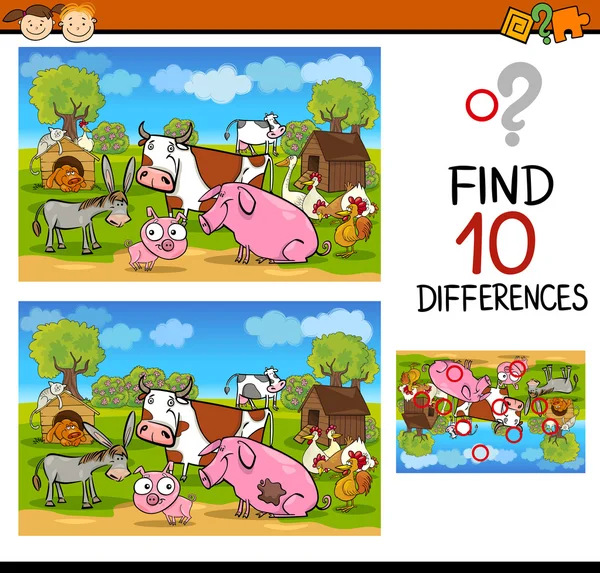 Prueba de diferencias con animales de granja — Vector de stock