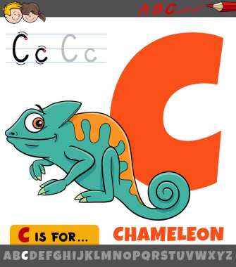 Bukalemun hayvan karakterli alfabeden C harfinin eğitici çizimi.
