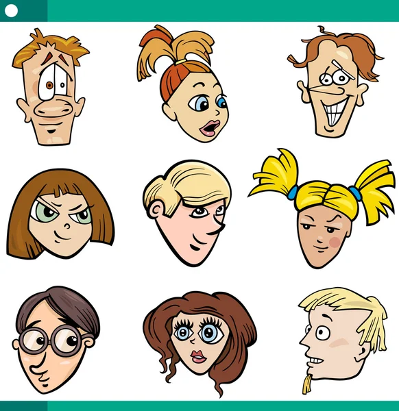 Dibujos animados adolescentes personajes caras conjunto — Vector de stock