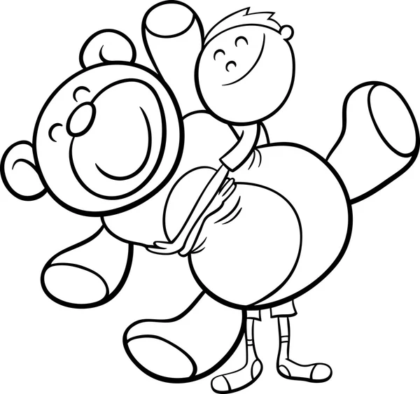 Niño y peluche para colorear libro — Vector de stock