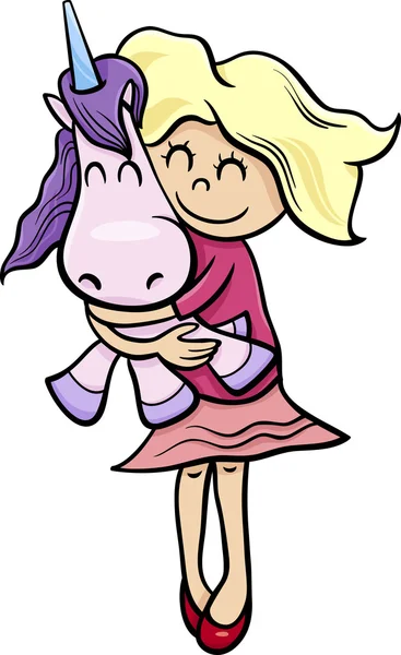 Gadis dengan mainan unicorn kartun - Stok Vektor