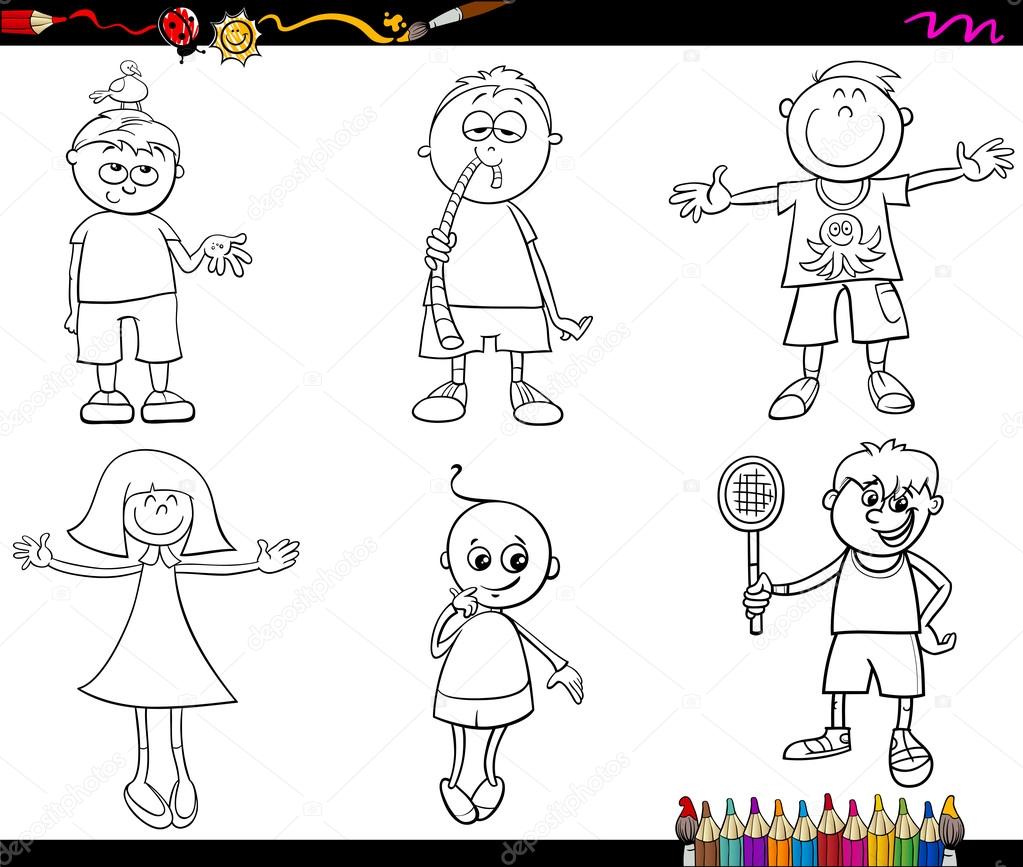 Bianco e nero del fumetto di ragazzi carini insieme per libro da colorare — Vettoriali di izakowski Trova immagini simili