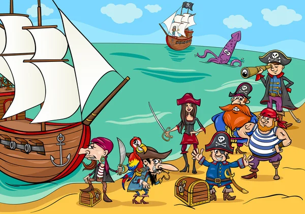 Piratas com desenhos animados navio —  Vetores de Stock