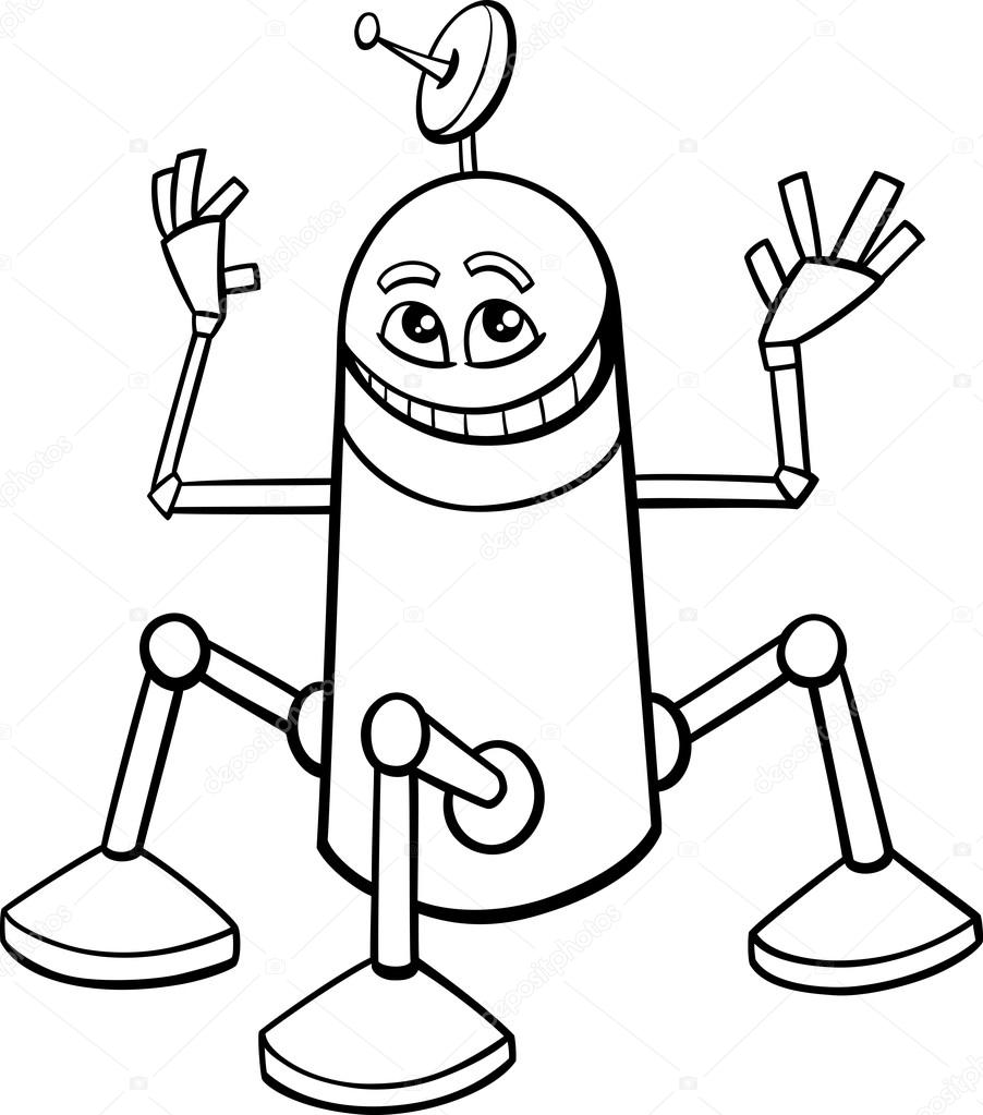Bianco e nero del fumetto del Robot divertente personaggio per libro da colorare — Vettoriali di izakowski