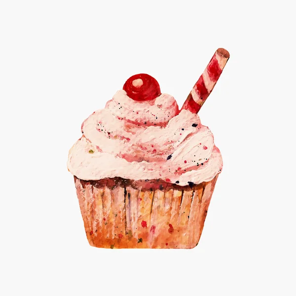 Watercolor cupcake with cherry — Stock Vector