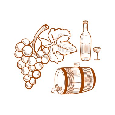 şarap ve üzüm çizilmiş kümesiyle el